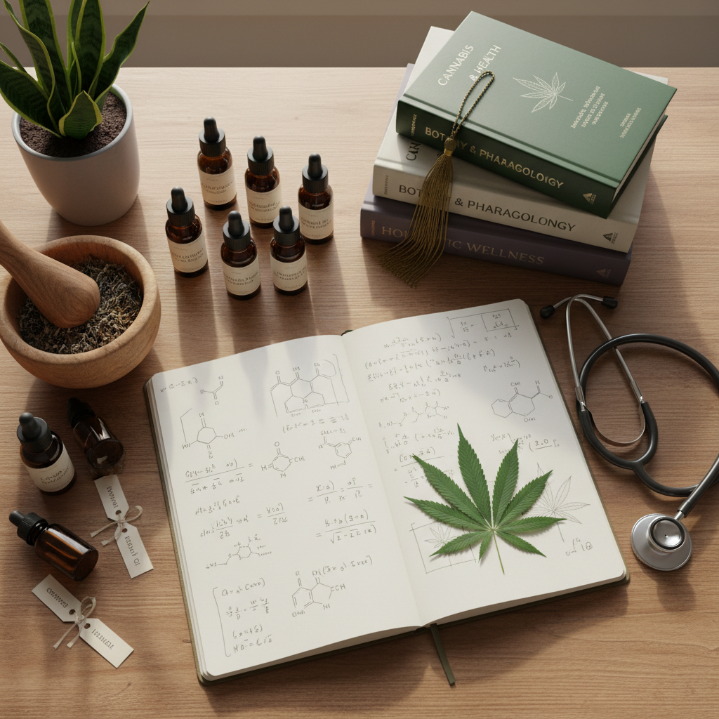 Scholarly desk scene representing cannabis educator Kym Krocza — notebooks, tinctures, herbs, and a stethoscope