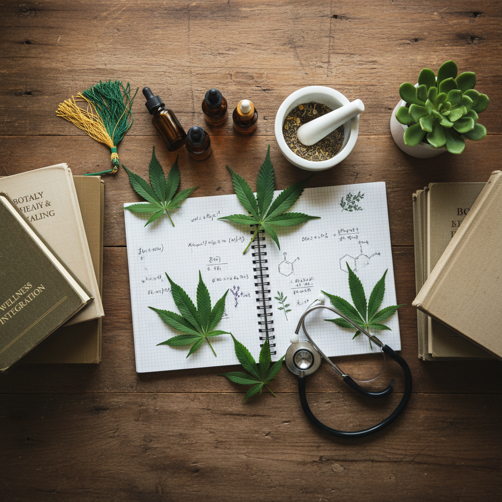Scholarly desk scene representing cannabis educator and wellness consultant — notebooks, tinctures, herbs, and academic texts